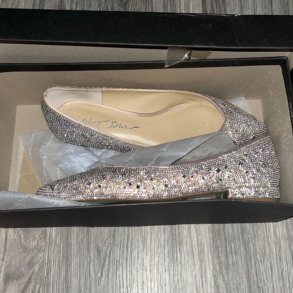 Betsey Johnson Nude Satin Rhinestone Flat 7